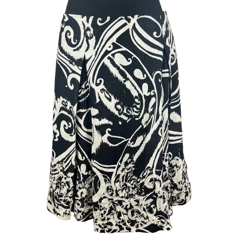 St. John Couture Black & Cream Linen Silk‎ Lined Skirt, Size 10